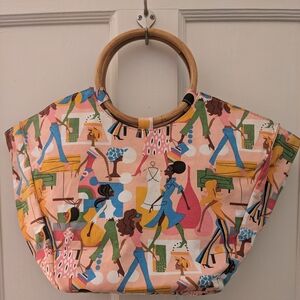 Stylish Pink Multi-Color Printed Vintage Bag with Wooden Handles